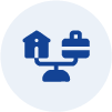 Pictogram voor werk en privéleven, weergegeven als een weegschaal met een huis en een koffer