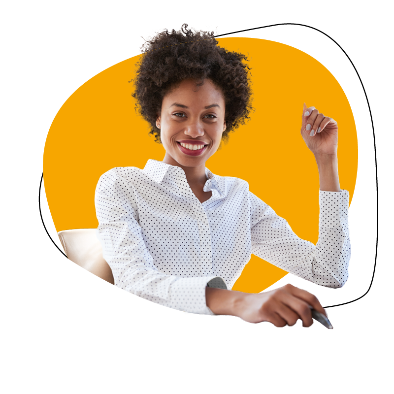 Person in a white shirt smiling against an orange background.