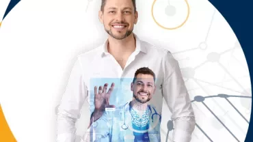 A smiling person with a holographic image of a doctor in the background.