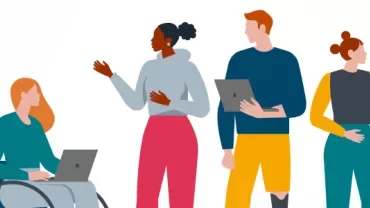 Illustratie van een diverse groep mensen met technologie.