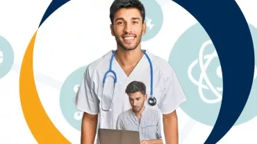 Healthcare worker with stethoscope and laptop, surrounded by medical icons.