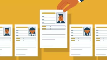 Illustratie van een hand die een cv uit een rij cv's pakt.