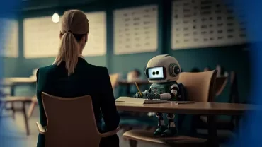 Persoon en robot ontmoeten elkaar in een kantoorsetting.