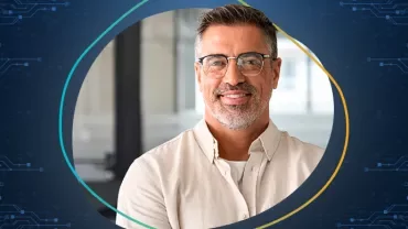A person smiling wearing glasses surrounded by a tech background.