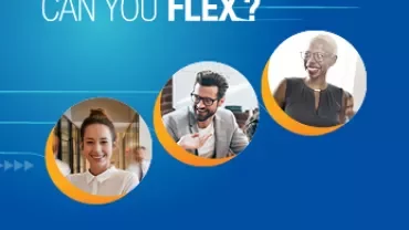 Blue background with 'Can you flex?' text and three people in circles.
