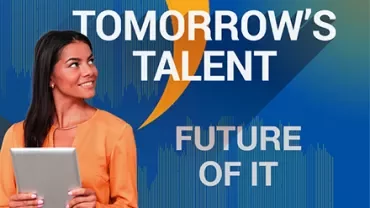 Vrouw houdt tablet vast, met tekst: 'Tomorrow's Talent - Future of IT' op achtergrond.