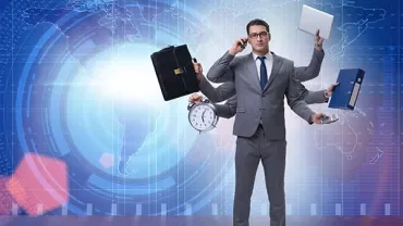 Person in suit multitasking with various items against a digital background.