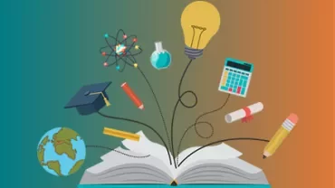 Illustratie van een open boek met symbolen voor onderwijs en wetenschap zoals een lamp en een wereldbol.