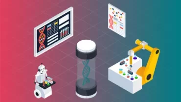 Illustratie van robots en technologie met een DNA-thema in een futuristische ruimte.