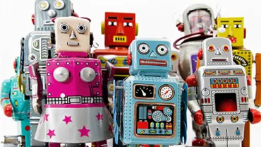 A group of colorful vintage toy robots.