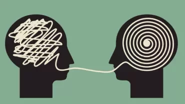 Illustration of two heads, with a line connecting a complex scribble to an orderly spiral.