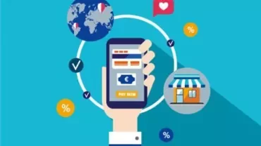 Hand holding phone for online payment, with store and world map in the background.