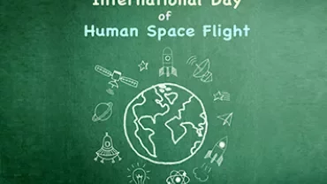 Illustration of space travel symbols around a globe with text above.