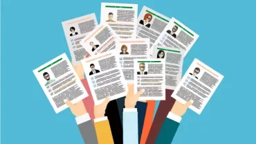Illustration of hands holding resumes against a blue background.