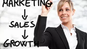 Persoon schrijft marketing, sales, groei op glas.