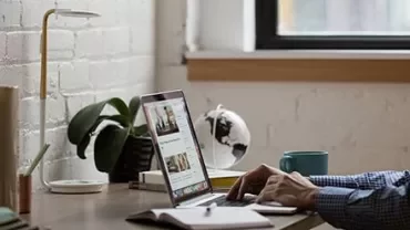 Individual working on a laptop at a desk with plants and a mug in a bright office.
