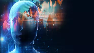 Digitale figuur met grafieken en gegevensvisualisatie op een scherm