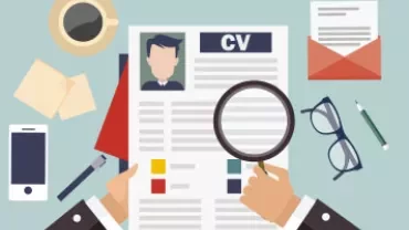 Illustration of a desk with a CV, magnifying glass, and glasses.