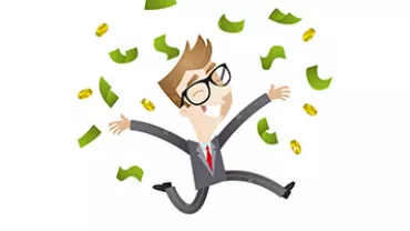 Cartoon person jumping joyfully as money falls around.