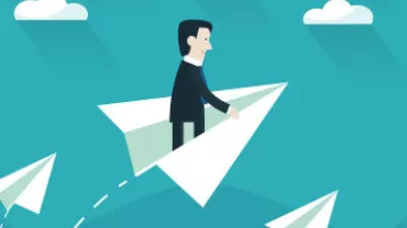 Illustration of a person riding a paper airplane in a blue sky.