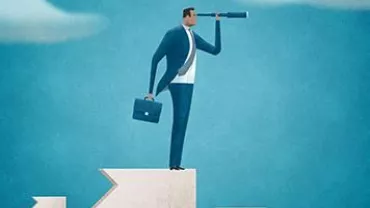 Illustratie van een persoon met een koffer en telescoop op een klif.