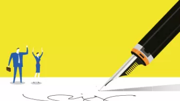 Illustration of a large pen signing and two figures celebrating on a yellow background.