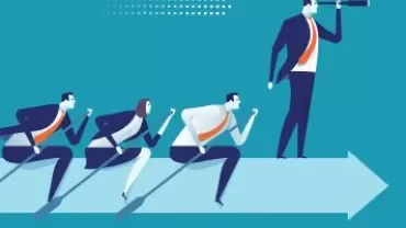 Illustration of people moving forward on an arrow, leader with telescope.