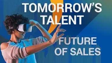 Persoon met VR-headset en tekst: Morgen's Talent, Toekomst van Verkoop