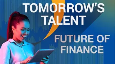 Vrouw leest een tablet met de tekst: Morgen's talent, toekomst van financiën.
