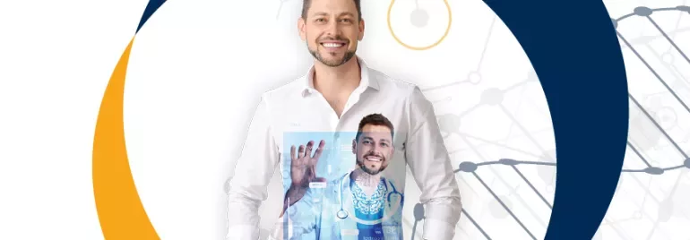 A smiling person with a holographic image of a doctor in the background.