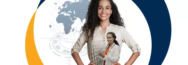 Person smiling with curly hair, globe in background