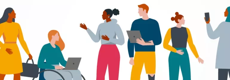 Illustratie van een diverse groep mensen met technologie.