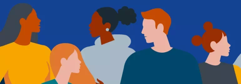 Illustratie van diverse mensen die naar links kijken.