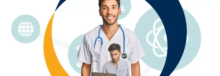 Healthcare worker with stethoscope and laptop, surrounded by medical icons.