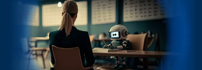 A robot and a person sitting across from each other at a table in a modern room.