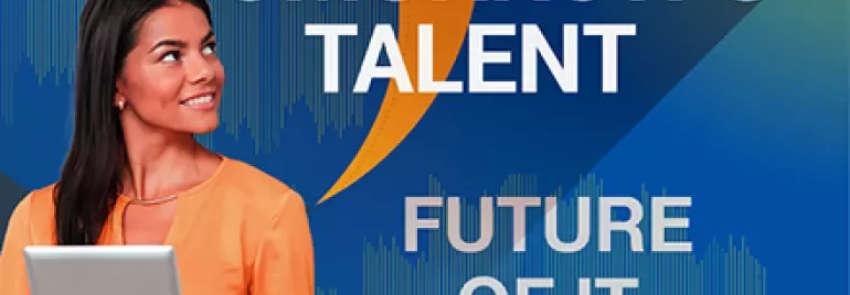 Person holding tablet, with the text 'Tomorrow's Talent - Future of IT' in background.
