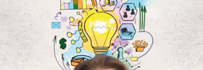 Person with doodles of a lightbulb and ideas overhead.