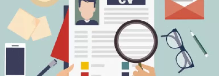Illustration of a desk with a CV, magnifying glass, and glasses.
