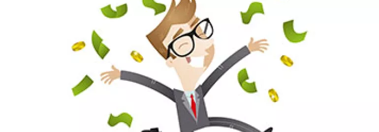 Cartoon person jumping joyfully as money falls around.