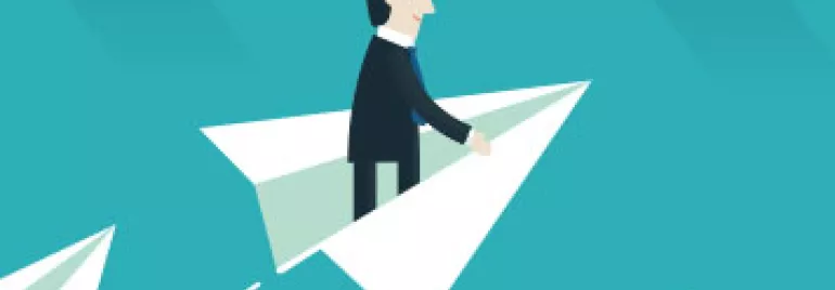Illustration of a person riding a paper airplane in a blue sky.