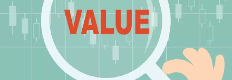 Vergrootglas met het woord 'VALUE' op grafiek achtergrond.