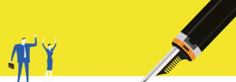 Illustration of a large pen signing and two figures celebrating on a yellow background.