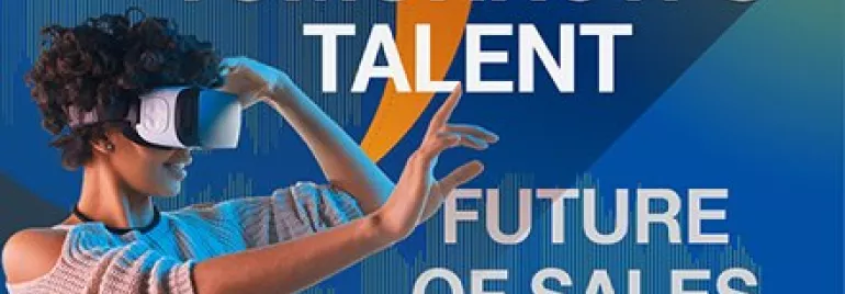 Persoon met VR-headset en tekst: Morgen's Talent, Toekomst van Verkoop