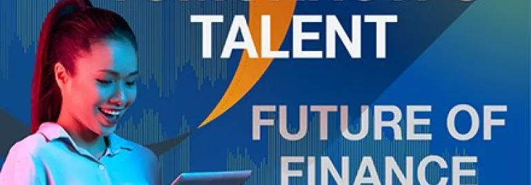 Vrouw leest een tablet met de tekst: Morgen's talent, toekomst van financiën.