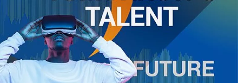 Persoon met VR-headset, tekst: Toekomstige talenten in HR.