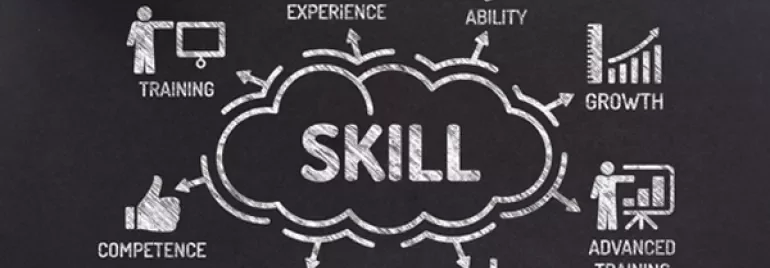 Chalkboard diagram with 'skill' in the center and icons for experience, growth, and knowledge.