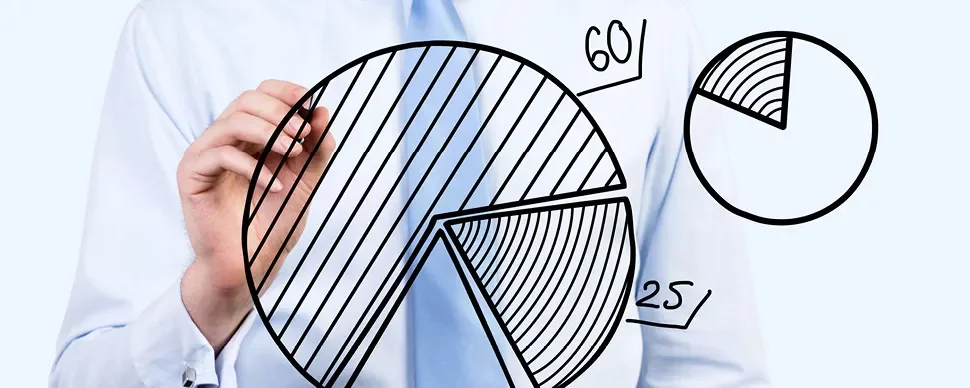 Person drawing pie charts on a transparent screen.