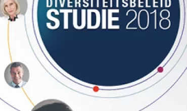 Omslag van het rapport over Diversiteitsbeleid 2018 met foto's van mensen rondom een blauwe cirkel.
