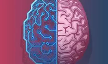 Illustration of a brain half human, half digital circuit.