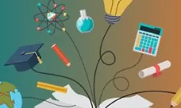 Illustration of an open book with educational symbols like a light bulb and a graduation cap.